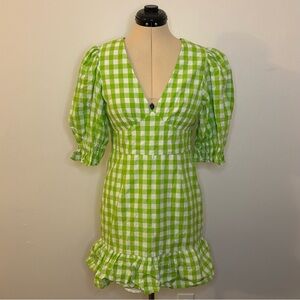 Rahi Kira Check Mini Dress Puff Short Sleeves, Cotton, Green & White Gingham, M